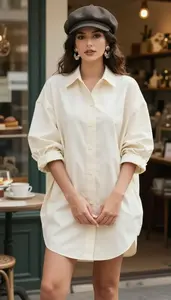 Sophisticated Woman In Collared Shirt Dress Stock Photo