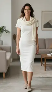 Southern European Woman Woman In Late 30s In White Minimalist Dress Fashion