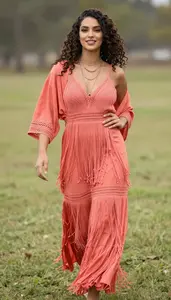 Southern European Woman Woman Proportion Play Fringe Maxi Dress