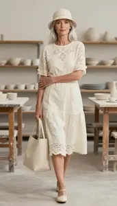 Streamlined Shape Eyelet Dress Editorial Style Fashion