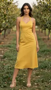 Stylish Southern European Woman Woman In Halter Midi Dress