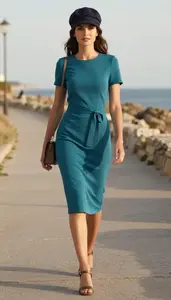 Teal Belted Summer Dress Refined Woman Fashion