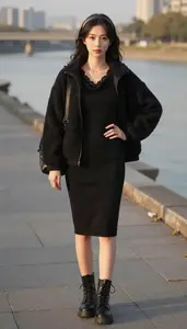 Textured Mix Cowl Neck Sweater Dress Fashion Stock Photo
