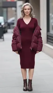 Timeless Woman In Late 30s Woman In V Neck Sweater Dress