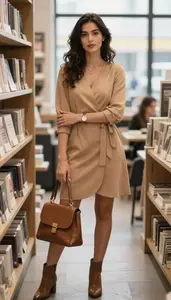 Well Dressed Woman In Modest Wrap Dress Stock Photo