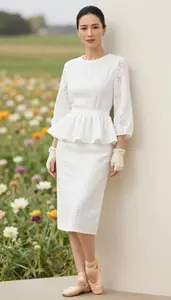 White Peplum Tea Length Dress For Women Fashion Stock Photo