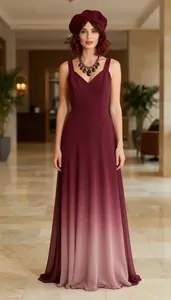 Wine Red Ombre Chiffon Gown For Women Fashion Stock Photo