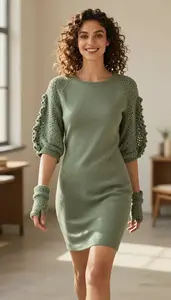 Woman In Early 20s Attractive Woman In Sage Green Dragon Sleeve Casual Dress