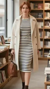 Woman In Early 20s Stylish Woman In Cream Striped Midi Dress