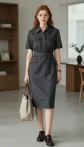 Woman In Early 20s Woman In Early 20s In Charcoal Belted Work Dress Fashion