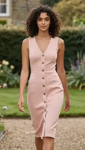 Woman In Early 20s Woman In Early 20s In Blush Pink Button Front Tea Dress