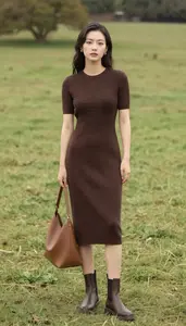 Woman In Late 20s Stunning Woman In Chocolate Brown Knit Midi Dress