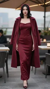 Woman In Late 30s Woman In Late 30s In Wine Red Silk Habotai Gown Fashion Stock