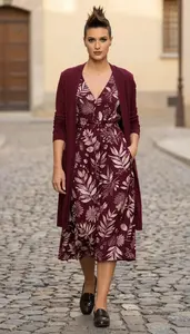 Woman In Late 20s Woman In Late 20s In Burgundy Botanical Print Dress Fashion