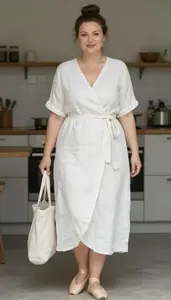 Woman In Late 30s Woman Textured Mix Linen Wrap Dress