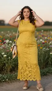 Woman In Mid 30s Stylish Woman In Mustard Yellow Lace Maxi Dress