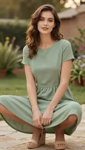 Woman In Mid 20s Woman In Mid 20s In Sage Green Tunic Midi Dress Fashion Stock