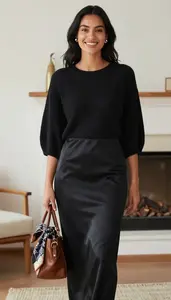 Woman In Mid 20s Woman In Mid 20s In Black Satin Maxi Dress Fashion Stock Photo