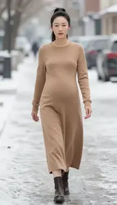 Woman In 40s Poised Woman In Camel Maternity Maxi Dress