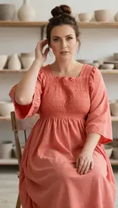 Woman In 40s Polished Woman In Coral Bohemian Festival Dress