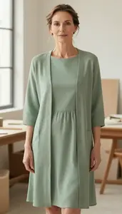 Woman In 50s Sophisticated Woman In Sage Green Peplum Hem Casual Dress