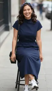 Woman In 40s Timeless Woman In Navy Blue Mock Neck Casual Dress
