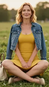 Woman In 40s Trendy Woman In Mustard Yellow Sundress Casual