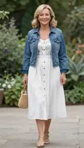 Woman In 50s Trendy Woman In White Button Front Tea Dress