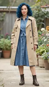 Woman In 40s Woman In 40s In Camel Chambray Dress Fashion Stock Photo