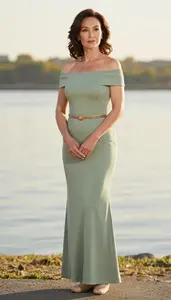 Woman In 50s Woman In 50s In Sage Green Off Shoulder Maxi Fashion Stock Photo
