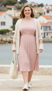 Young Professional Woman Contrast Styling Pleated Midi Dress