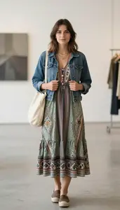Young Woman In 20s Confident Woman In Sage Green Ethnic Print Dress