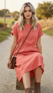 Young Woman In 20s Refined Woman In Coral Casual Linen Dress