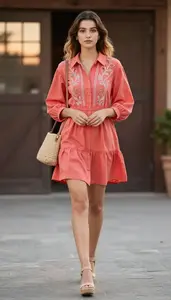 Young Woman In 20s Well Dressed Woman In Coral Shirt Dress