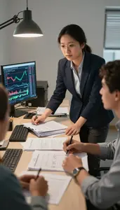 Administrative Assistant Facilitating A Team Brainstorming In A Stock Brokerage