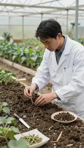 Agricultural Scientist Collecting Soil Samples In In A Crop Research Plot At