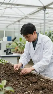 Agricultural Scientist Collecting Soil Samples In In A Botanical Garden Research