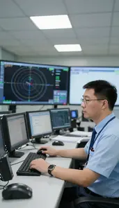 Air Traffic Controller Controlling Air Traffic On In A Radio Dispatch Operations