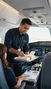 Aircraft Mechanic Serving Passengers On An In An Airplane Cockpit In Daily Work