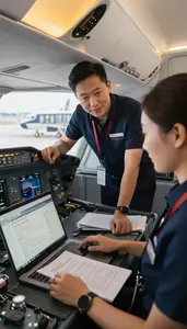 Airport Ground Crew Dispatching Flights From An In An Airplane Cockpit At Work