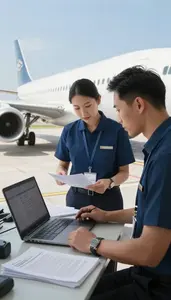 Airport Ground Crew Conducting A Pre Flight In A Route Planning Office At