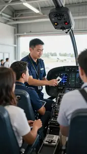 Airport Ground Crew Briefing Passengers Before A In A Helicopter Cockpit In