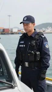 Airport Security Officer Patrolling Coastal Waters On At A Port Cargo Inspection