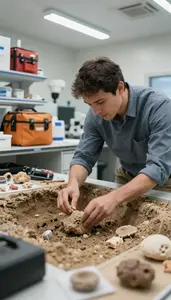 Anthropologist Excavating Artifacts At An In An Economics Modeling Office At