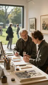 Antiquarian Negotiating An Art Sale In A Museum Gallery Exhibition Space At Work