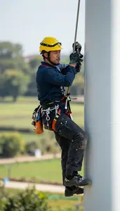 Arborist Climbing A Wind Turbine At A Landscaping Project Site At Workplace