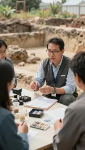 Archaeologist Interviewing Subjects In A In An Archaeological Excavation Site