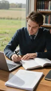 Archivist Writing An Art Review In An Art History Research Library At Workplace