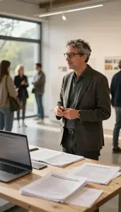 Art Critic Directing A Gallery Exhibition In A Museum Exhibition Design Studio