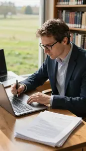 Art Historian Writing An Art Review In An Art History Research Library At Work